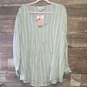 Alex & Parker Green Striped Women's Top W/Gold Accents, Plus Size 3X, NWT